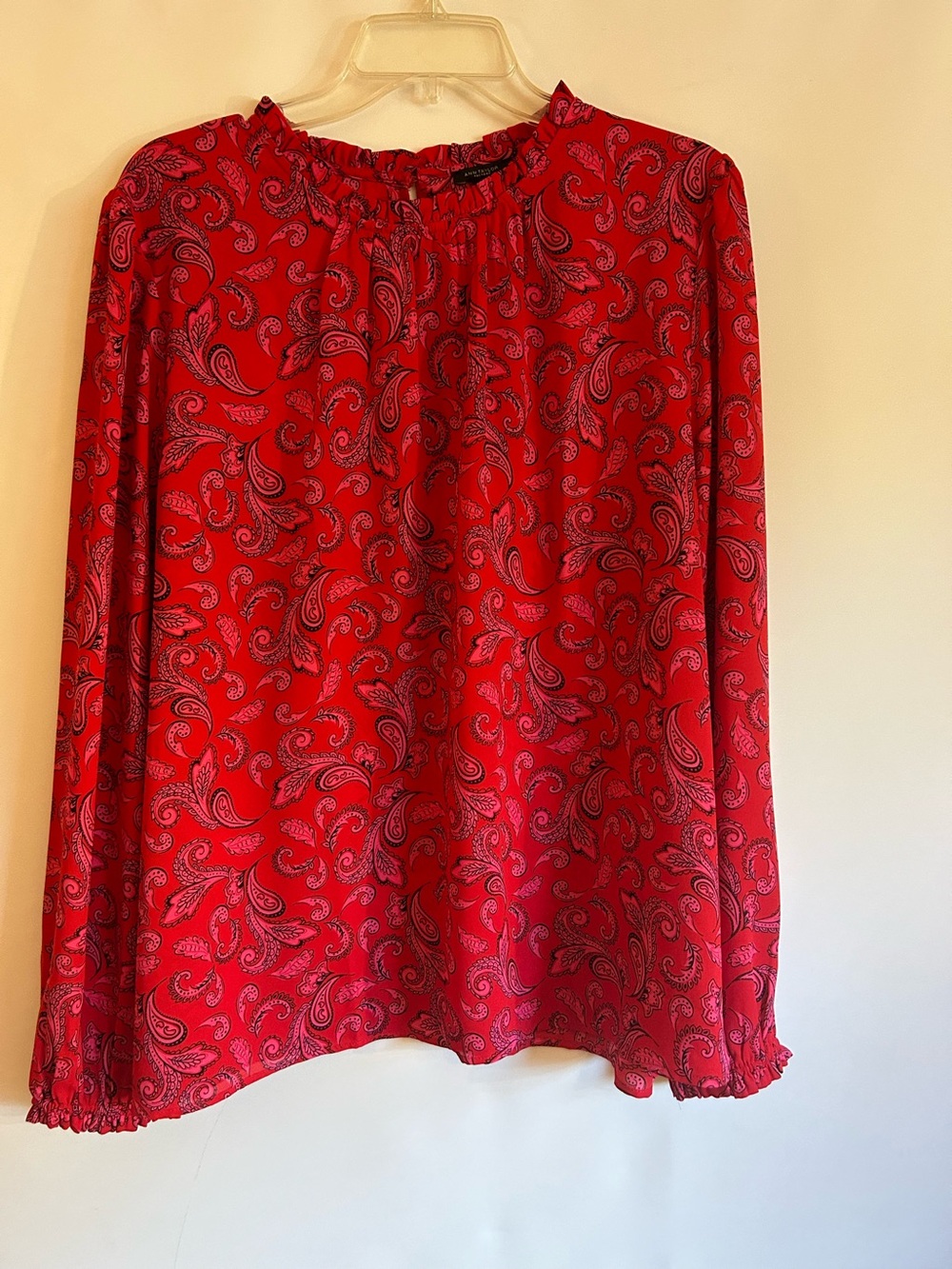 ANN TAYLOR FACTORY RED PAISLEY RUFFLE NECK & CUFFS PULLOVER POLYESTER BLOUSE XXL